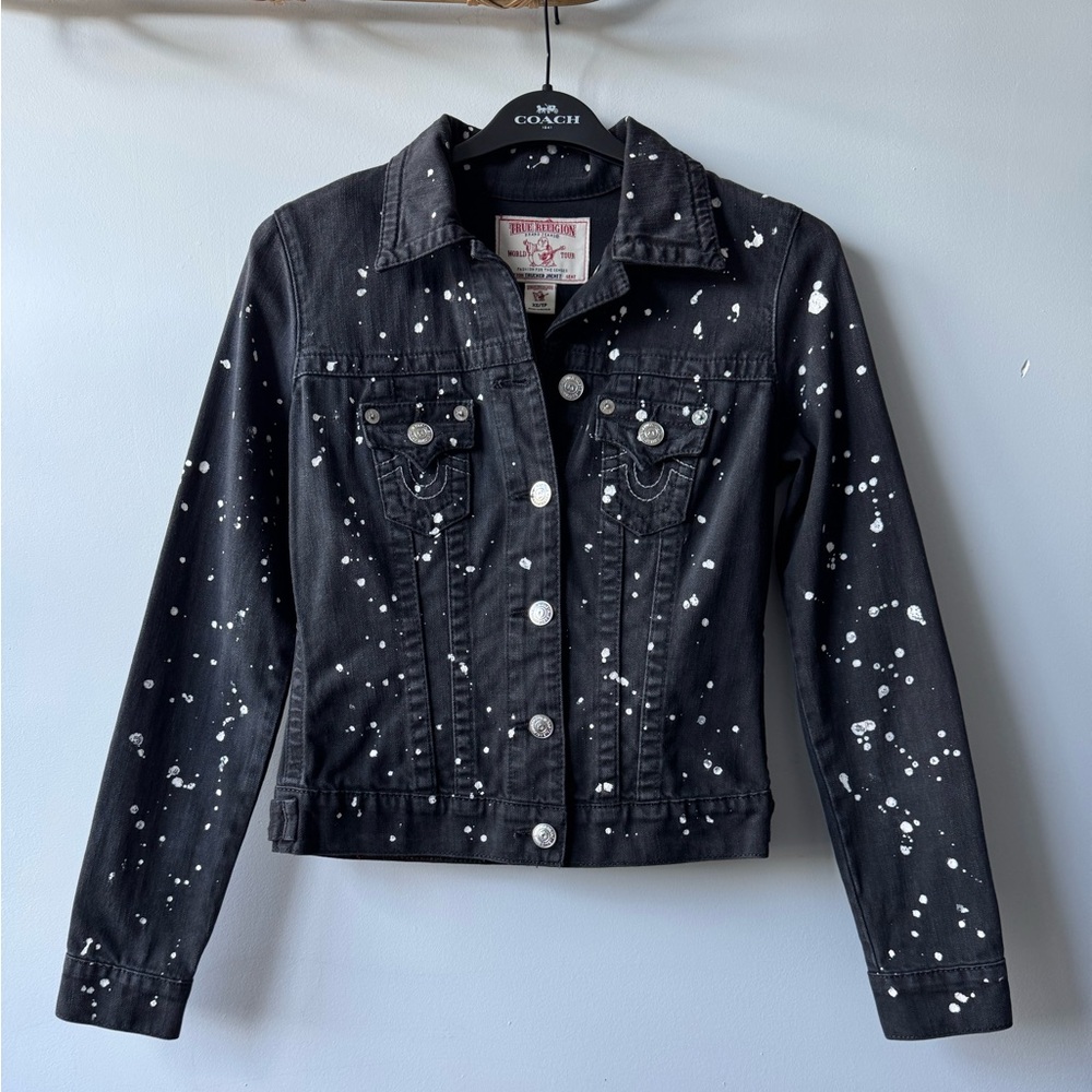 True Religion Trucker Jacket, Black Paint Splatter Size XS